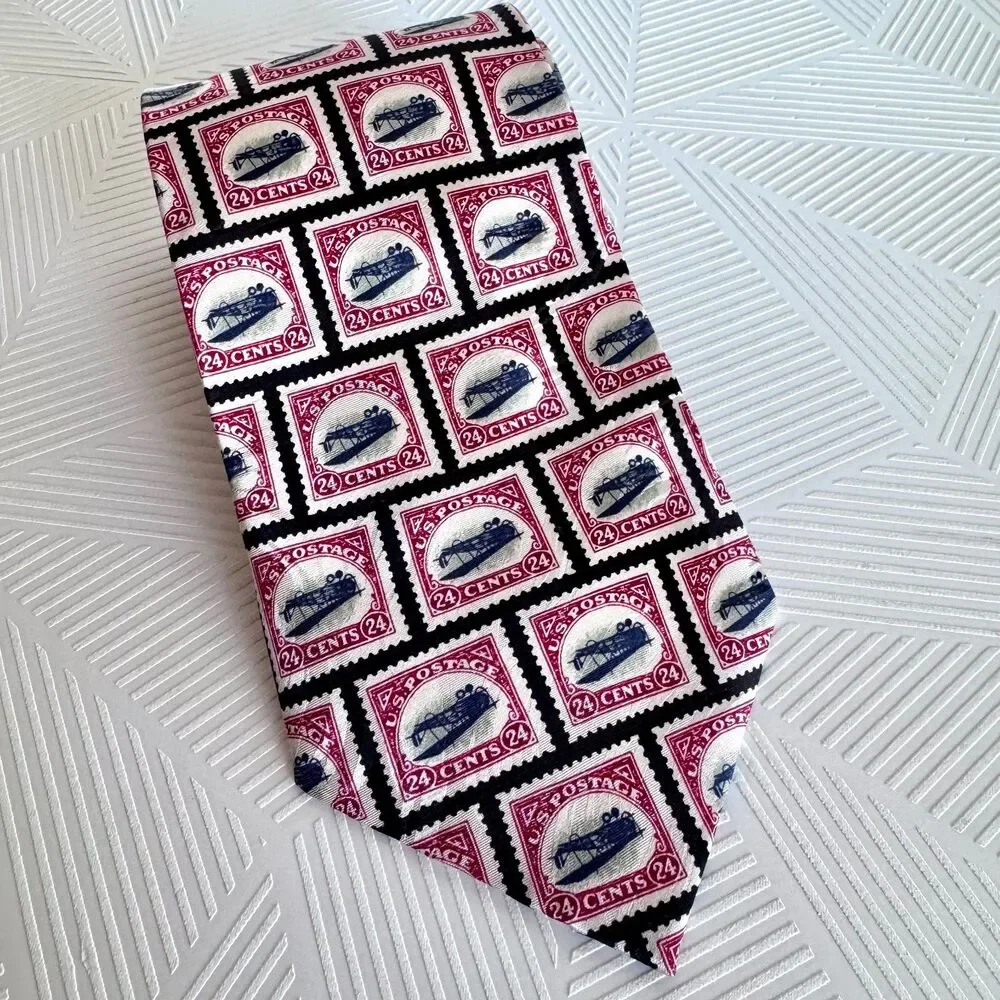 Vintage Museum Artifacts Jenny Airplane 24 Stamp Silk Neck Tie Inverted